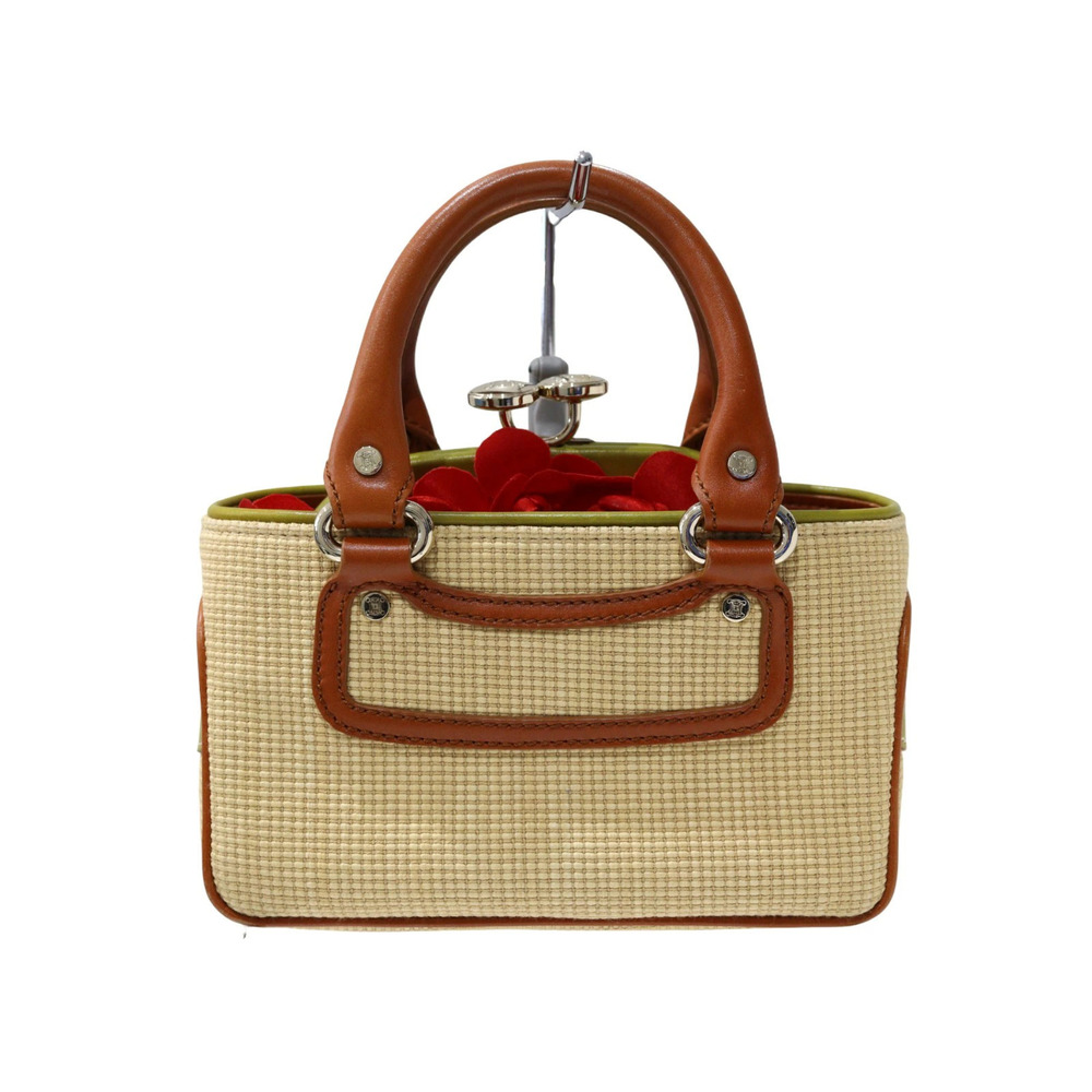 CELINE Boogie Bag Handbag Brown Beige Red Straw Tan Canvas Leather